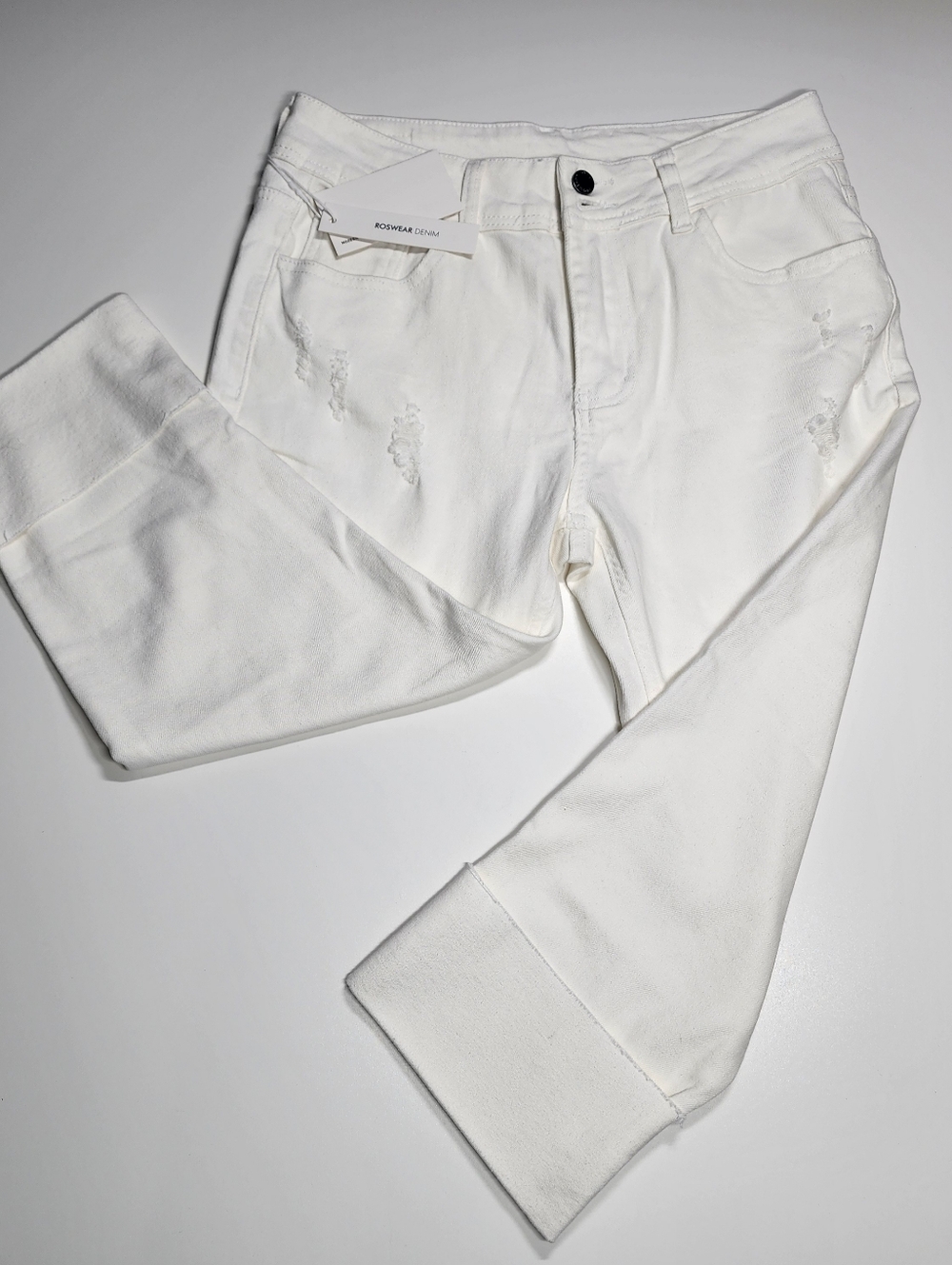 NWT White Cropped Cuffed Pants Distressed Detail Stretch Casual L